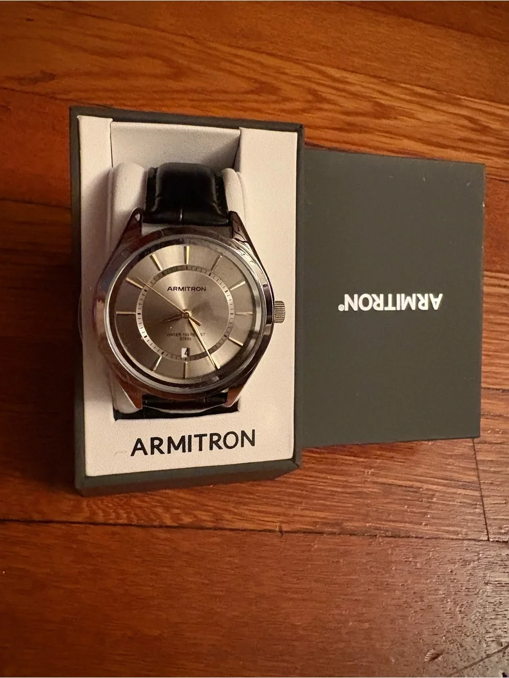 Armitron Silver Case Watch with Gray Dial and Black Leather Strap